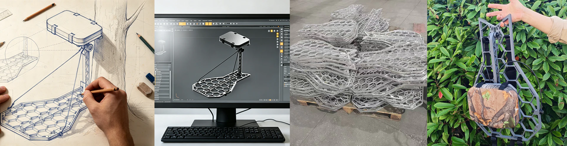 Hand sketch, 3D design, raw parts and finished hang on tree stand for hunting