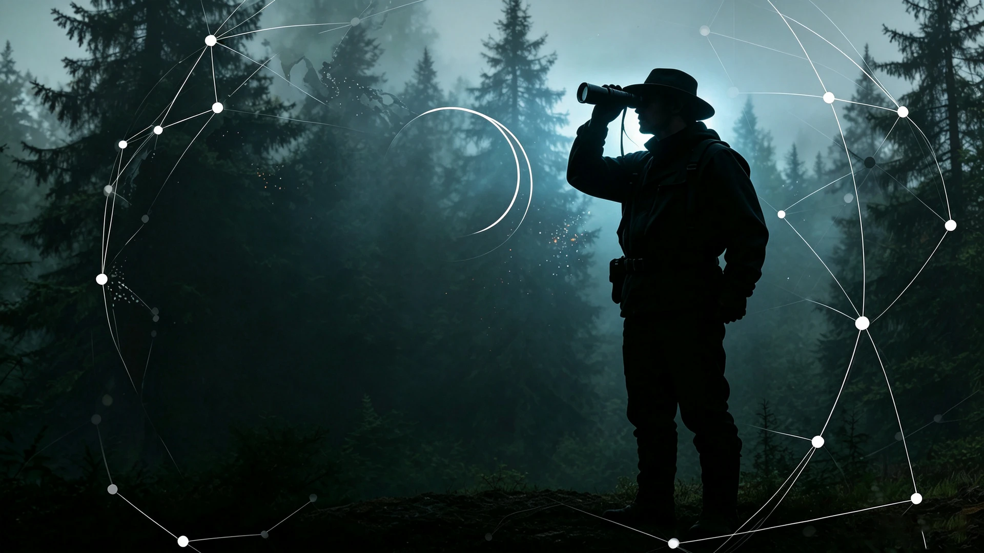 YH Hunting website hero banner, hunter searching in foggy pine forest with global supply network lines, global hunting gear product sourcing service background image